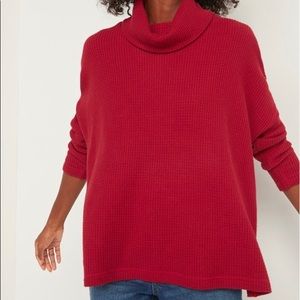 Red oversized cowl-neck knit sweater